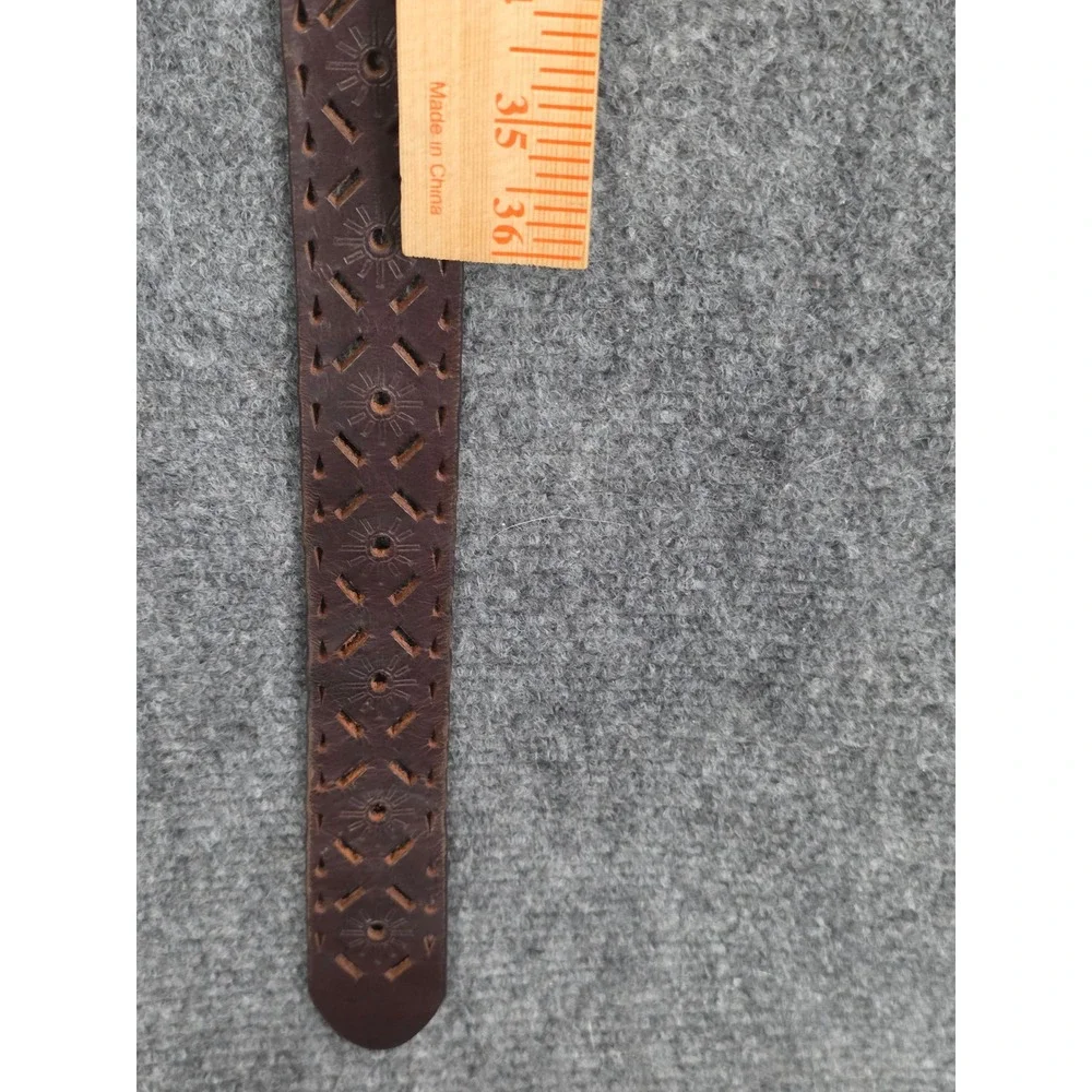 Brown Leather Belt XL Extra Large Cutout Floral Design Round Buckle Women HIppie